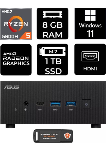 Expertcenter PN52 Amd Ryzen 5 5600H 8gb 1tb SSD W11P Mini Pc & Per4 USB Bellek PN52P1403
