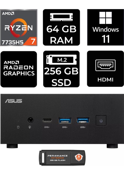 Expertcenter PN53 Amd Ryzen 7 7735HS 64GB 256GB SSD W11P Mini Pc & Per4 USB Bellek PN53P446