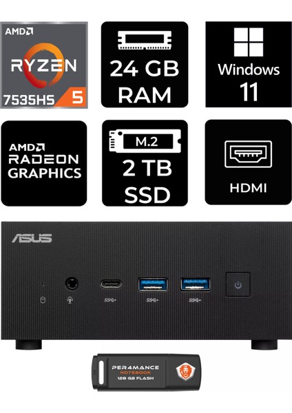 Expertcenter PN53 Amd Ryzen 5 7535HS 24GB 2tb SSD W11P Mini Pc & Per4 USB Bellek PN53P1424