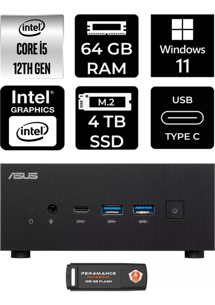 Expertcenter PN64 Intel Core I5 12500H 64GB 4tb SSD W11P Mini Pc & Per4 USB Bellek PN64P450
