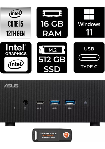 Expertcenter PN64 Intel Core I5 12500H 16GB 512GB SSD W11P Mini Pc & Per4 USB Bellek PN64P412