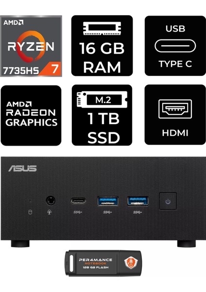 Expertcenter PN53 Amd Ryzen 7 7735HS 16GB 1tb SSD Fdos Mini Pc & Per4 USB Bellek PN53P313