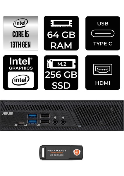 PB63 Intel Core I5 13400 64GB 256GB SSD Fdos Mini Pc & Per4 USB Bellek PB63P346