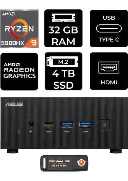 Expertcenter PN52 Amd Ryzen 9 5900HX 32GB 4tb SSD Fdos Mini Pc & Per4 USB Bellek PN52P330