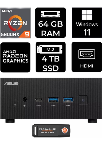 Expertcenter PN52 Amd Ryzen 9 5900HX 64GB 4tb SSD W11P Mini Pc & Per4 USB Bellek PN52P450
