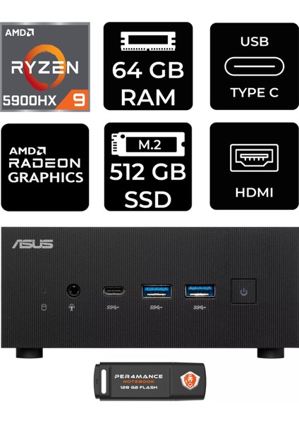 Expertcenter PN52 Amd Ryzen 9 5900HX 64GB 512GB SSD Fdos Mini Pc & Per4 USB Bellek PN52P347