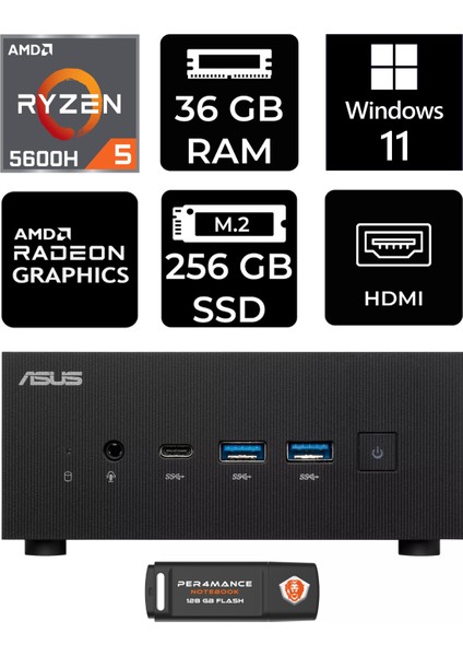 Expertcenter PN52 Amd Ryzen 5 5600H 36GB 256GB SSD W11H Mini Pc & Per4 USB Bellek PN52P1381