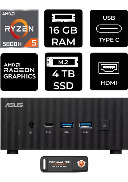 Expertcenter PN52 Amd Ryzen 5 5600H 16GB 4tb SSD Fdos Mini Pc & Per4 USB Bellek PN52P1315