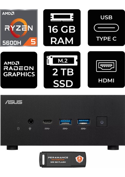 Expertcenter PN52 Amd Ryzen 5 5600H 16GB 2tb SSD Fdos Mini Pc & Per4 USB Bellek PN52P1314