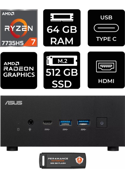 Expertcenter PN53 Amd Ryzen 7 7735HS 64GB 512GB SSD Fdos Mini Pc & Per4 USB Bellek PN53P347