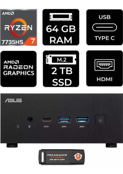 Expertcenter PN53 Amd Ryzen 7 7735HS 64GB 2tb SSD Fdos Mini Pc & Per4 USB Bellek PN53P349