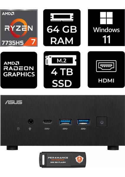 Expertcenter PN53 Amd Ryzen 7 7735HS 64GB 4tb SSD W11H Mini Pc & Per4 USB Bellek PN53P400