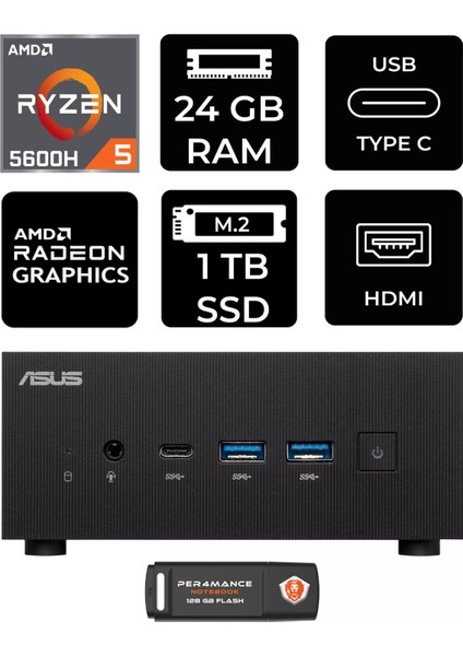 Expertcenter PN52 Amd Ryzen 5 5600H 24GB 1tb SSD Fdos Mini Pc & Per4 USB Bellek PN52P1323