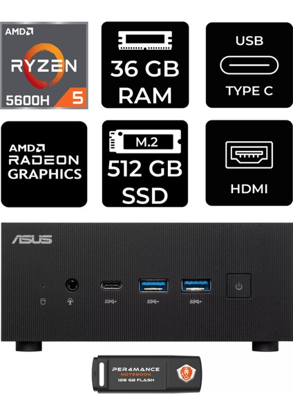 Expertcenter PN52 Amd Ryzen 5 5600H 36GB 512GB SSD Fdos Mini Pc & Per4 USB Bellek PN52P1332