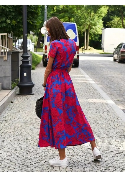 Kadın Kısa Kollu Kruvaze Yaka Beli Kuşaklı Çiçek Desen Midi Boy Süprem Elbise fiyatları