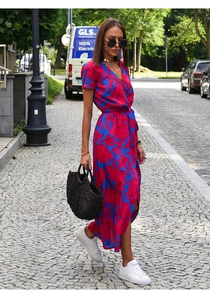 Kadın Kısa Kollu Kruvaze Yaka Beli Kuşaklı Çiçek Desen Midi Boy Süprem Elbise modelleri