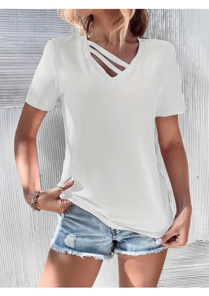 Kadın Kısa Kollu V Yaka Şerit Detay Viskon Bluz indirimleri