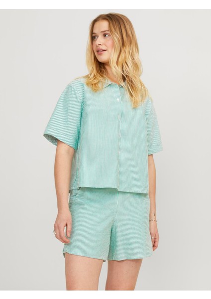 Kadın Çizgili Crop Gömlek - Sıva