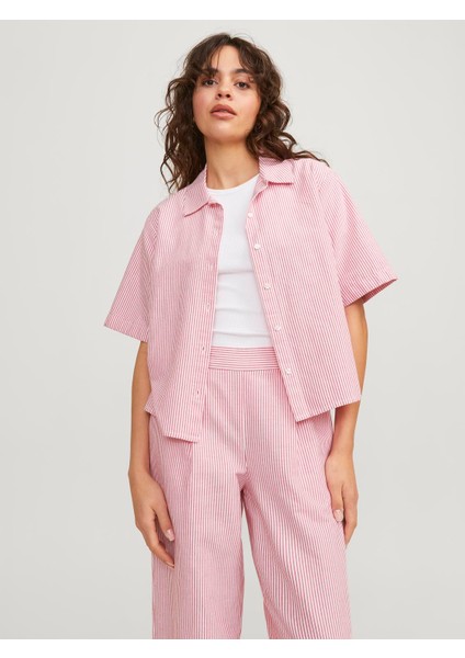 Kadın Çizgili Crop Gömlek - Sıva