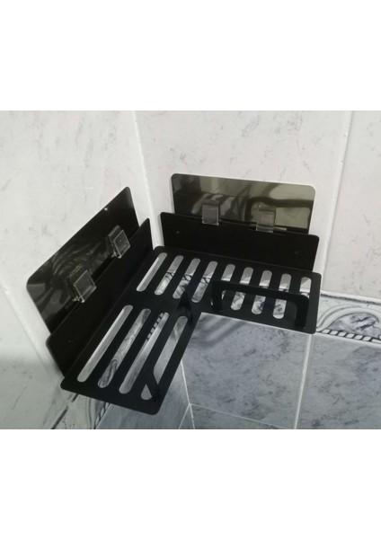 İster Kendinden Yapışkanlı İster Vidalı Banyo Köşe Rafı Şampuanlık Mat Siyah