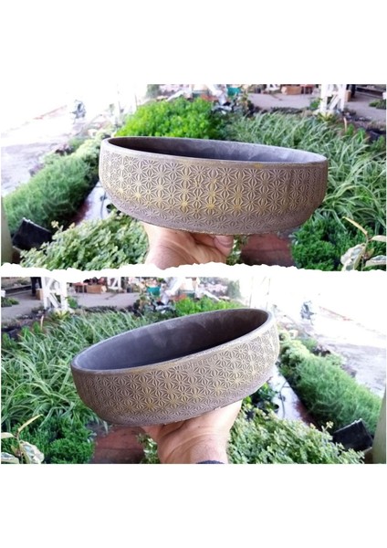 2 Adet Londra Dizayn Beton Aranjman ve Bonsai Saksısı Çiçek Desen Ağız Çap 20-30 cm Çap