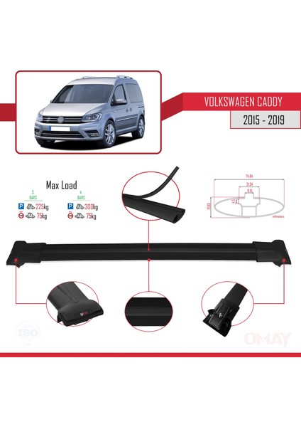 Volkswagen Caddy 2015-2019 Arası ile Uyumlu Fly Model Ara Atkı Tavan Barı Siyah 3 Adet modelleri