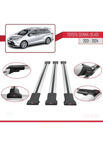 Toyota Sienna (XL40) 2021 ve Sonrası ile Uyumlu Fly Model Ara Atkı Tavan Barı Gri 3 Adet
