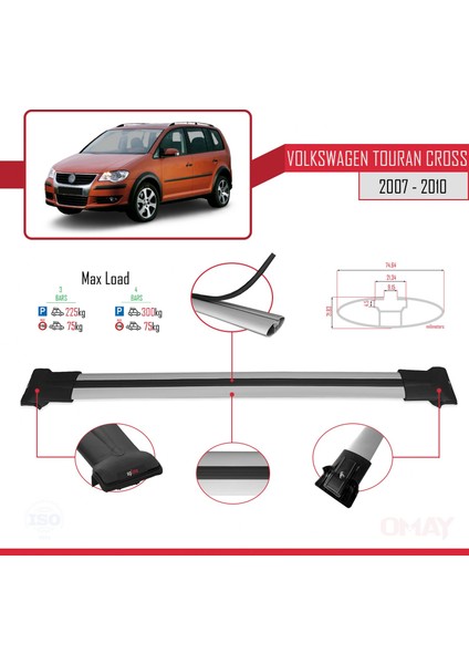 Volkswagen Touran Cross 2007-2010 Arası ile Uyumlu Fly Model Ara Atkı Tavan Barı Gri 3 Adet modelleri