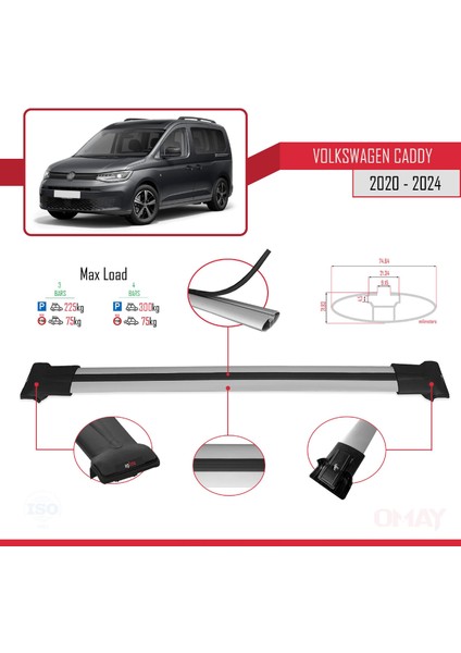 Volkswagen Caddy 2020 ve Sonrası ile Uyumlu Fly Model Ara Atkı Tavan Barı Gri 3 Adet modelleri