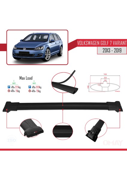 Volkswagen Golf 7 Varıant 2013-2019 Arası ile Uyumlu Fly Model Ara Atkı Tavan Barı Siyah 3 Adet