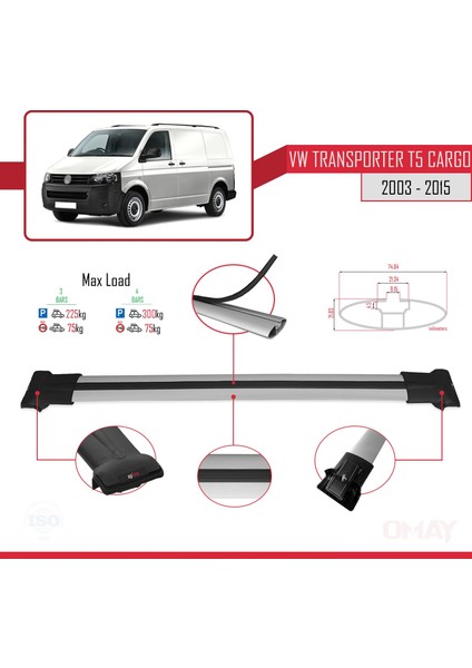 Volkswagen Transporter (T5) 2003-2015 Arası ile Uyumlu Fly Model Ara Atkı Tavan Barı Gri 3 Adet