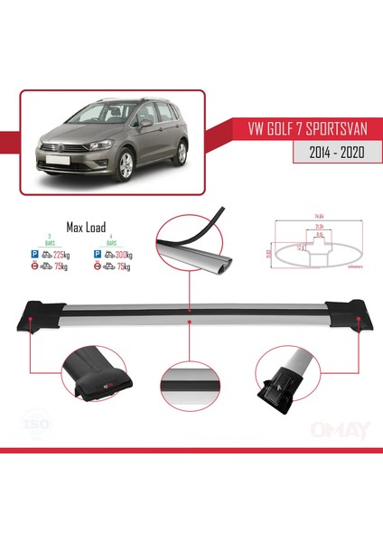 Volkswagen Golf (7) Sportsvan 2014-2020 Arası ile Uyumlu Fly Model Ara Atkı Tavan Barı Gri 3 Adet modelleri