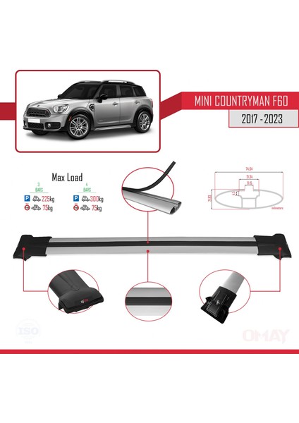 Mini Countryman (F60) 2017-2023 Arası ile Uyumlu Fly Model Ara Atkı Tavan Barı Gri 3 Adet modelleri
