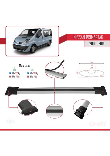 Nissan Primastar 2001-2014 Arası ile Uyumlu Fly Model Ara Atkı Tavan Barı Gri 3 Adet modelleri