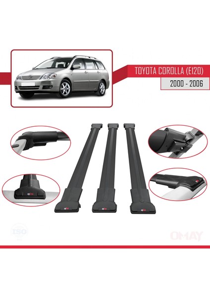 Toyota Corolla (E120) 2000-2006 Arası ile Uyumlu Fly Model Ara Atkı Tavan Barı Siyah 3 Adet fırsatları