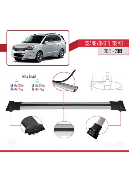 Ssangyong Turismo 2013-2019 Arası ile Uyumlu Fly Model Ara Atkı Tavan Barı Gri 3 Adet modelleri