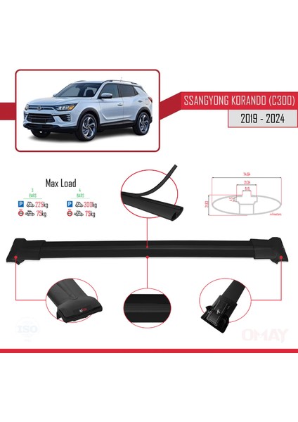 Ssangyong Korando (C300) 2019 ve Sonrası ile Uyumlu Fly Model Ara Atkı Tavan Barı Siyah 3 Adet