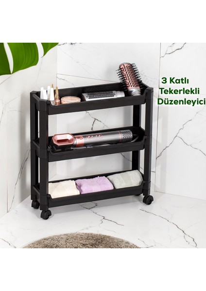 Rafty-65-Eco-1 Tekerlekli 3 Katlı Mutfak Düzenleyici - 46,5 x 14,5 x 48,3 cm Hareketli Raf - Siyah