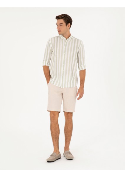 Erkek Bej Slim Fit Keten Beli Lastikli Bağcıklı Dokuma Şort 50285713-VR011