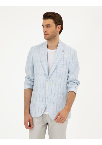 Erkek Açık Mavi Slim Fit %100 Keten Çizgili Ceket 50284966-VR003