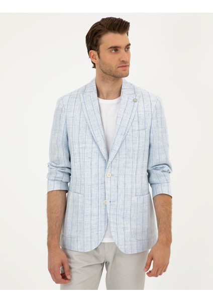 Erkek Açık Mavi Slim Fit %100 Keten Çizgili Ceket 50284966-VR003