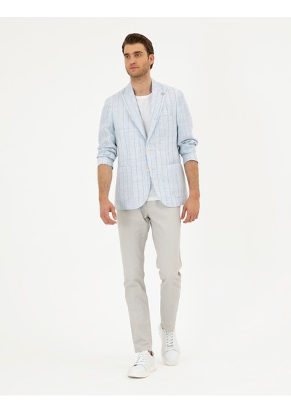 Erkek Açık Mavi Slim Fit %100 Keten Çizgili Ceket 50284966-VR003