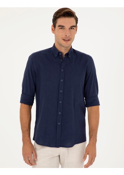 Erkek Koyu Lacivert Keten Karışımlı Regular Fit Uzun Kollu Gömlek 50284168-VR100