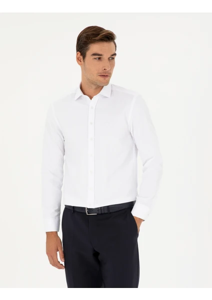 Pierre Cardin Erkek Beyaz Slim Fit Armürlü Uzun Kollu Gömlek 50289415-VR013