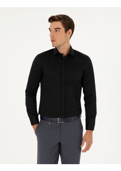 Pierre Cardin Erkek Siyah Slim Fit Armürlü Uzun Kollu Gömlek 50289415-VR046