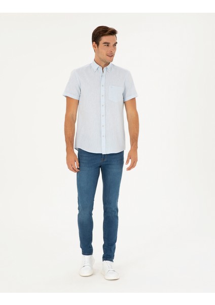 Erkek Açık Mavi Keten Karışımlı Regular Fit Kısa Kollu Gömlek 50284166-VR095