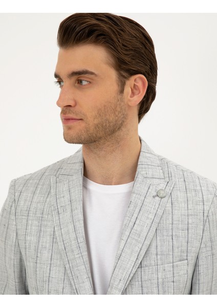 Erkek Gri Slim Fit %100 Keten Çizgili Ceket 50284966-VR024