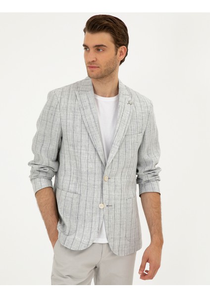 Erkek Gri Slim Fit %100 Keten Çizgili Ceket 50284966-VR024
