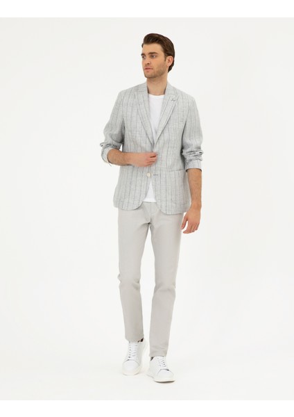 Erkek Gri Slim Fit %100 Keten Çizgili Ceket 50284966-VR024