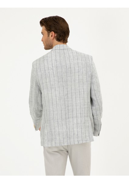 Erkek Gri Slim Fit %100 Keten Çizgili Ceket 50284966-VR024